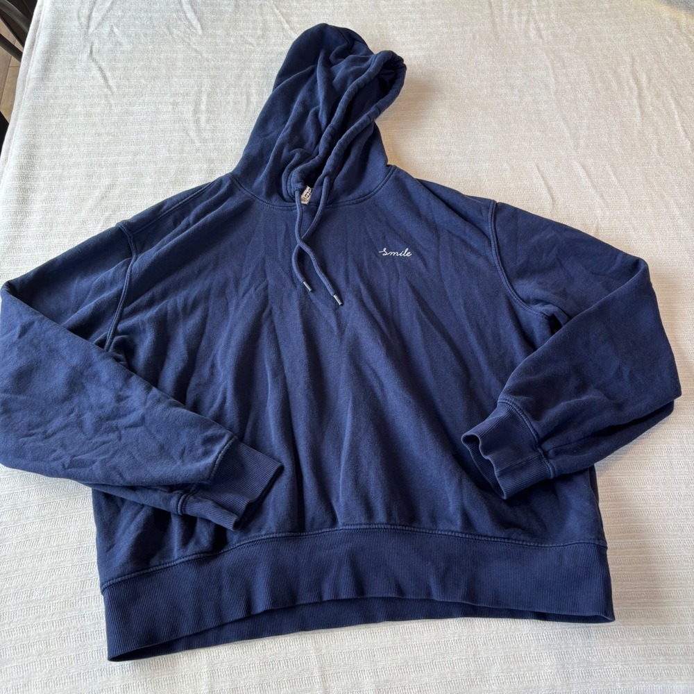 HM Divided Navy Blue Smile Embroidered Hoodie Sweatshirt Womens Medium - Picture 2 of 10